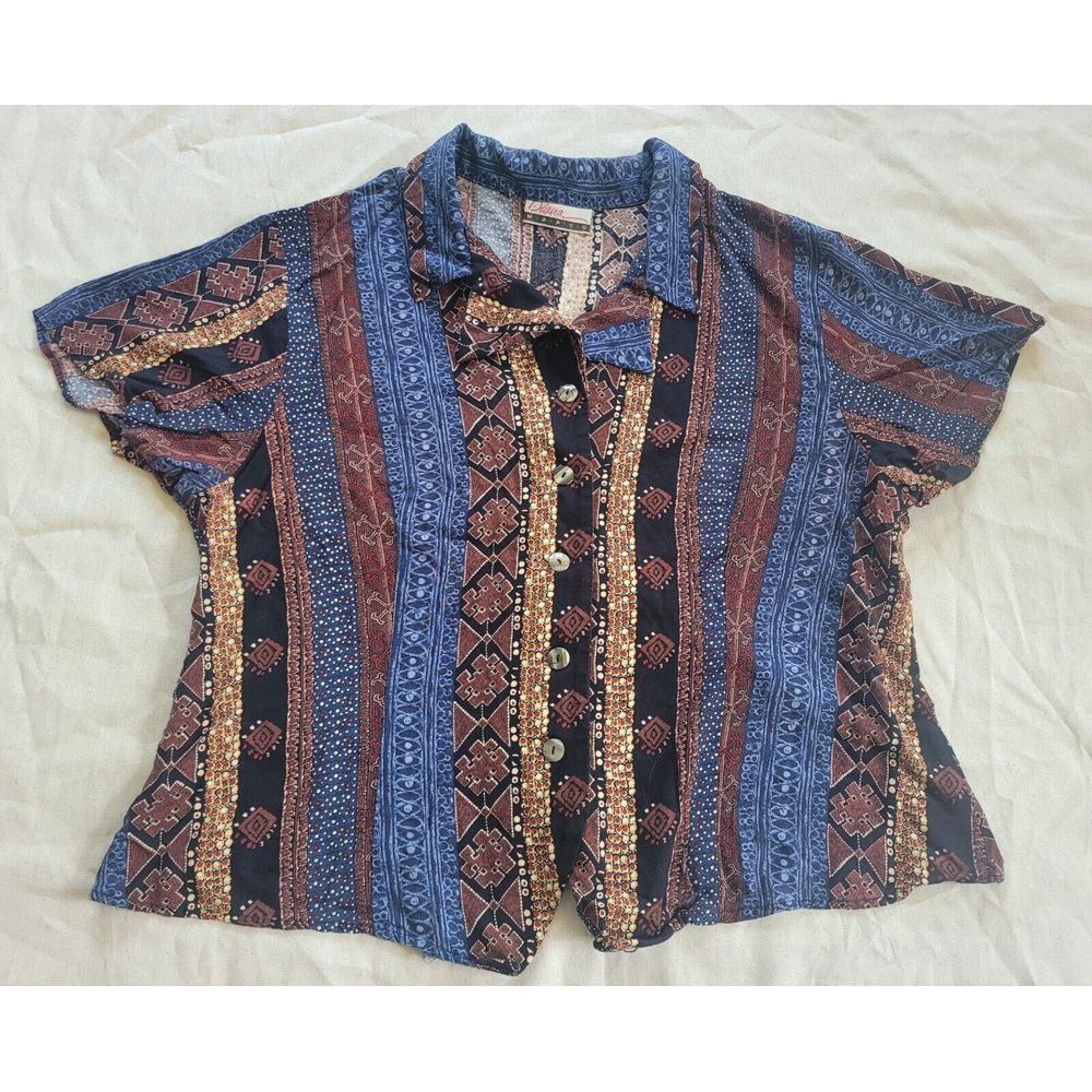 Vintage 80s 90s Geometric Print Cropped Button Up Pointed Hem‎ Stripe Collared M